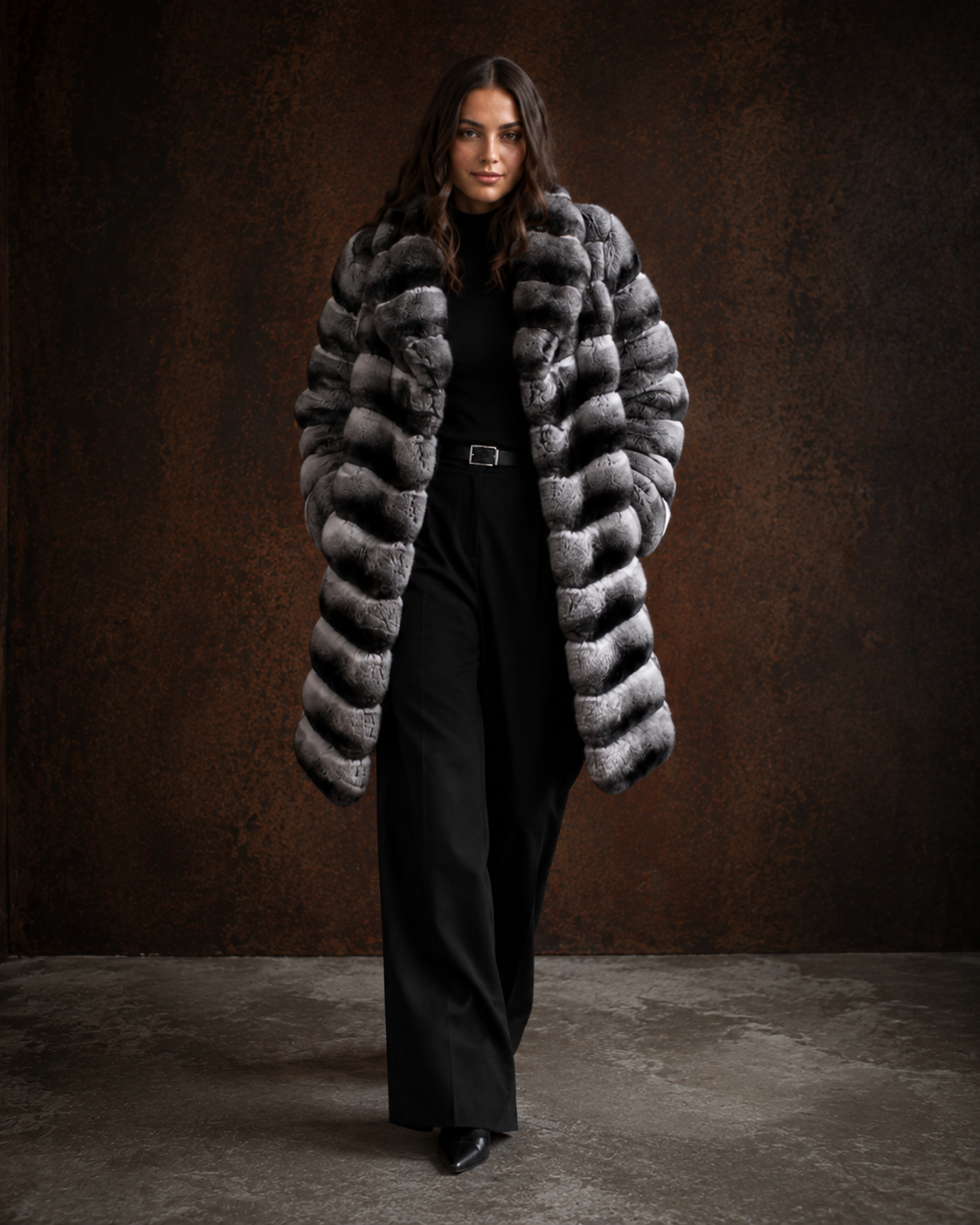 Black chinchilla fur walking coat with a velvet-smooth finish and horizontal fur pattern