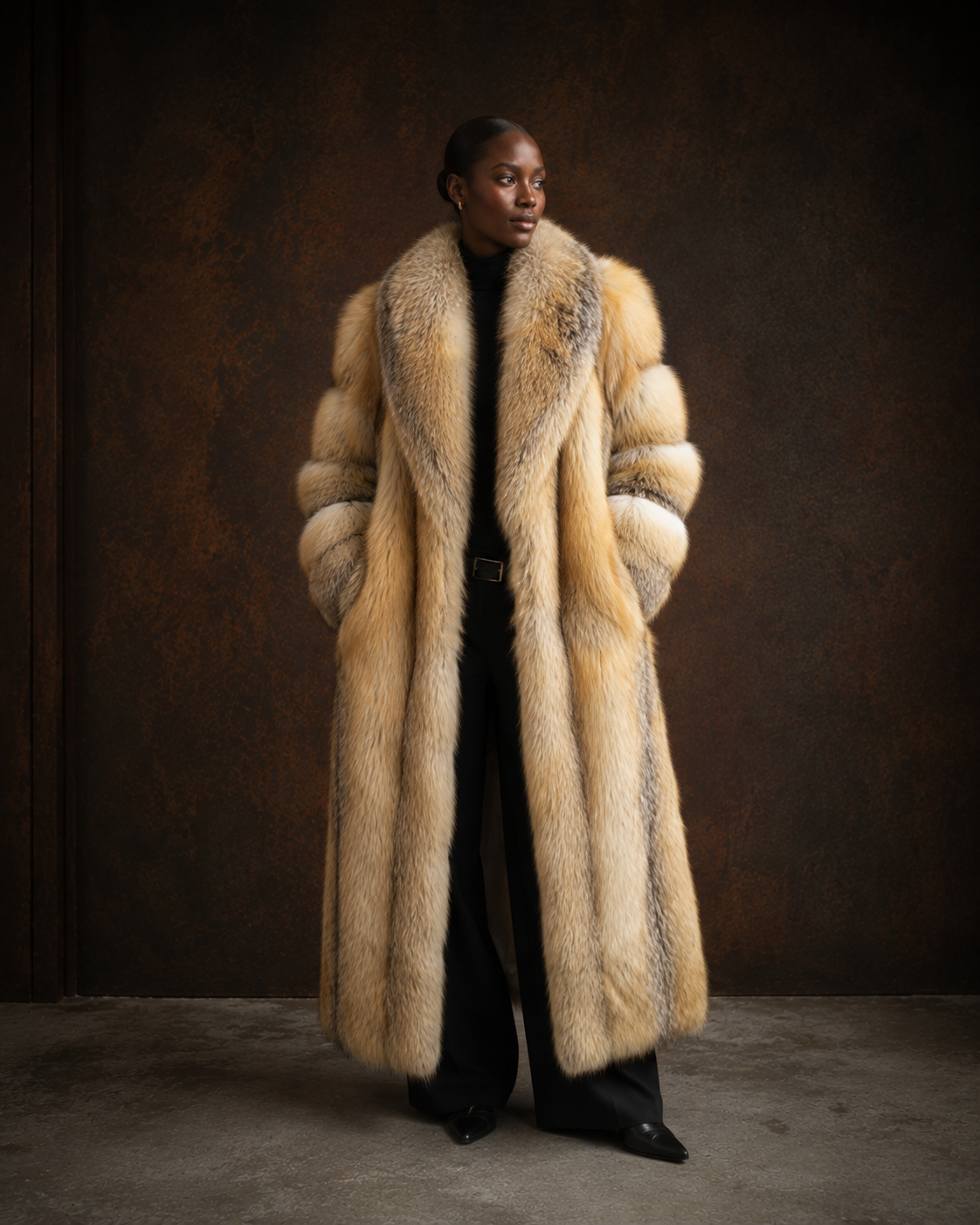 Full-length golden Island fox fur coat with a shawl collar and horizontal sleeve pattern.