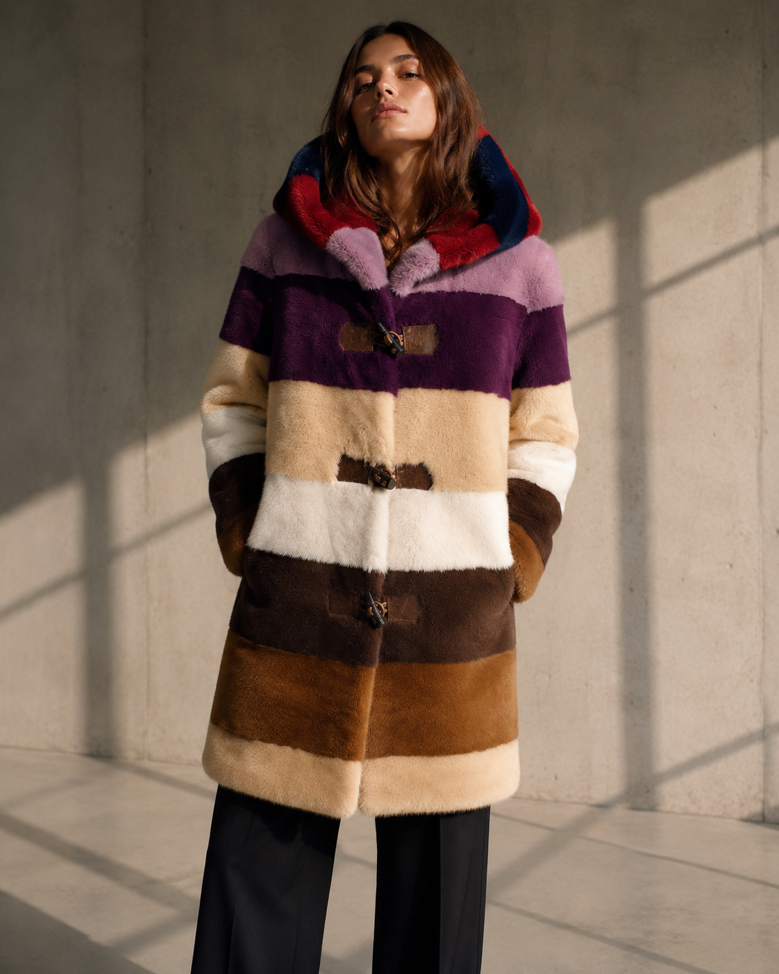 Multicolor mink stadium coat with a hood and toggle closures