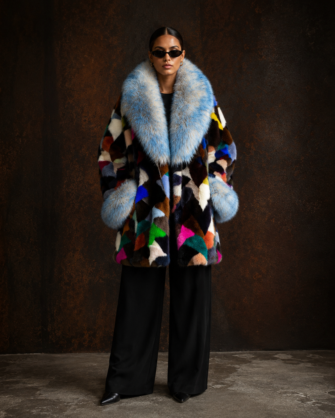 Multicolor mink stroller coat with a fox fur collar and cuffs