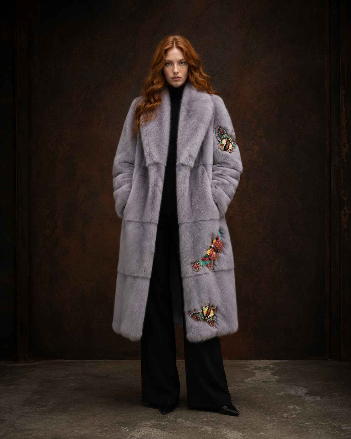 Full-length lavender mink fur coat with embroidered butterfly detail