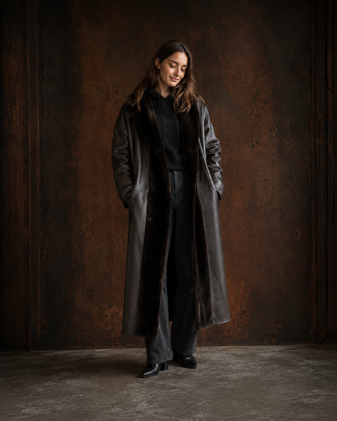 Full-length mocha shearling coat, reversible to napa leather